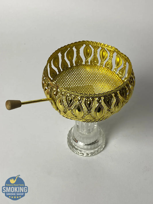 Charcoal Screen with wood Handle -  مصفاة/شبكة رأس شيشة – معدن بيد خشب تصميم تاجي مُدهب