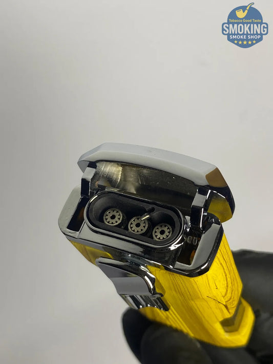 FLABOX Triple-Jet Cigar Lighter w/ Built-in Punch – Yellow Wood Grain | ولاعة سيجار فلابوكس ثلاثية الشعلة مع مثقاب مدمج – نقشة خشب أصفر