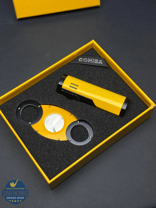 طقم سيجار كوهيبا (ولاعة تورش ثلاثية + مقص جيليوتين) Cohiba Cigar Gift Set (Triple-Jet Torch Lighter + Guillotine Cutter)