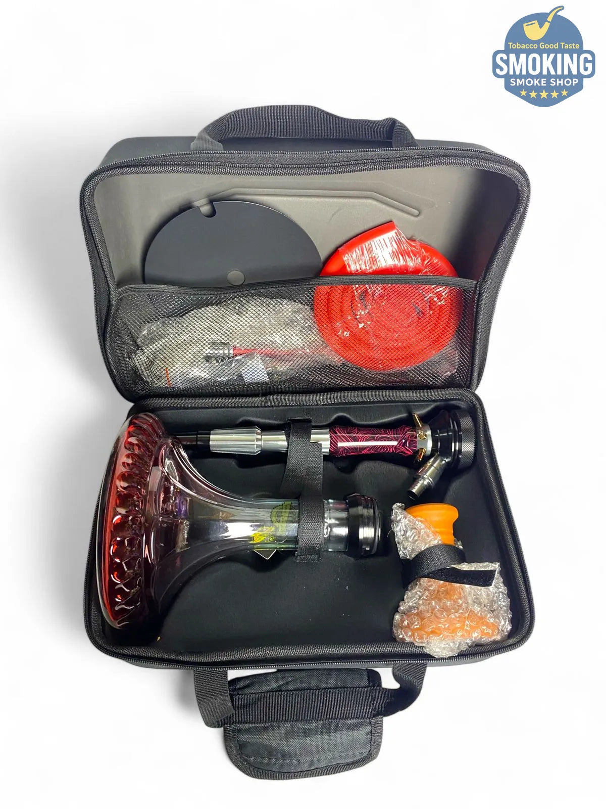 شيشة ملك الزمان اصدار احمر – طقم كامل بشنطة Malek El Zaman Hookah Set – Travel Case Edition