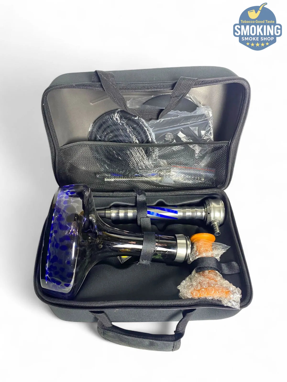 شيشة ملك الزمان ياقوت ازرق – طقم كامل بشنطة Malek El Zaman Hookah Set – Travel Case Edition