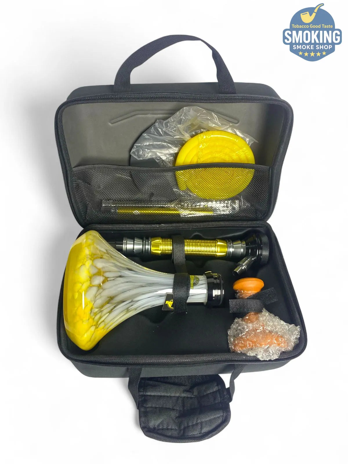 شيشة ملك الزمان اصدار اصفر – طقم كامل بشنطة Malek El Zaman Hookah Set – Travel Case Edition