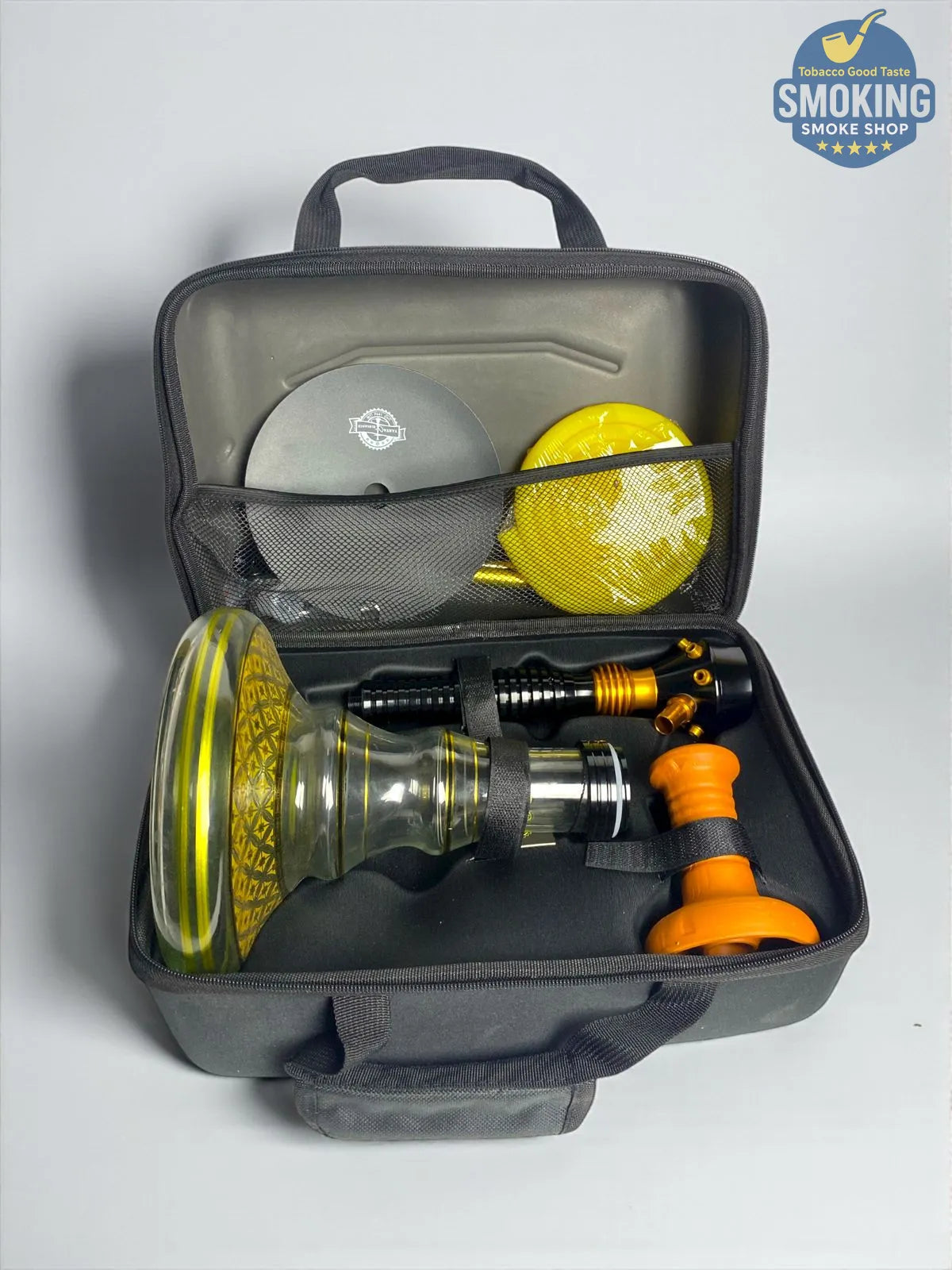 شيشة ملك الزمان اصدار اصفر – طقم كامل بشنطة Malek El Zaman Hookah Set – Travel Case Edition