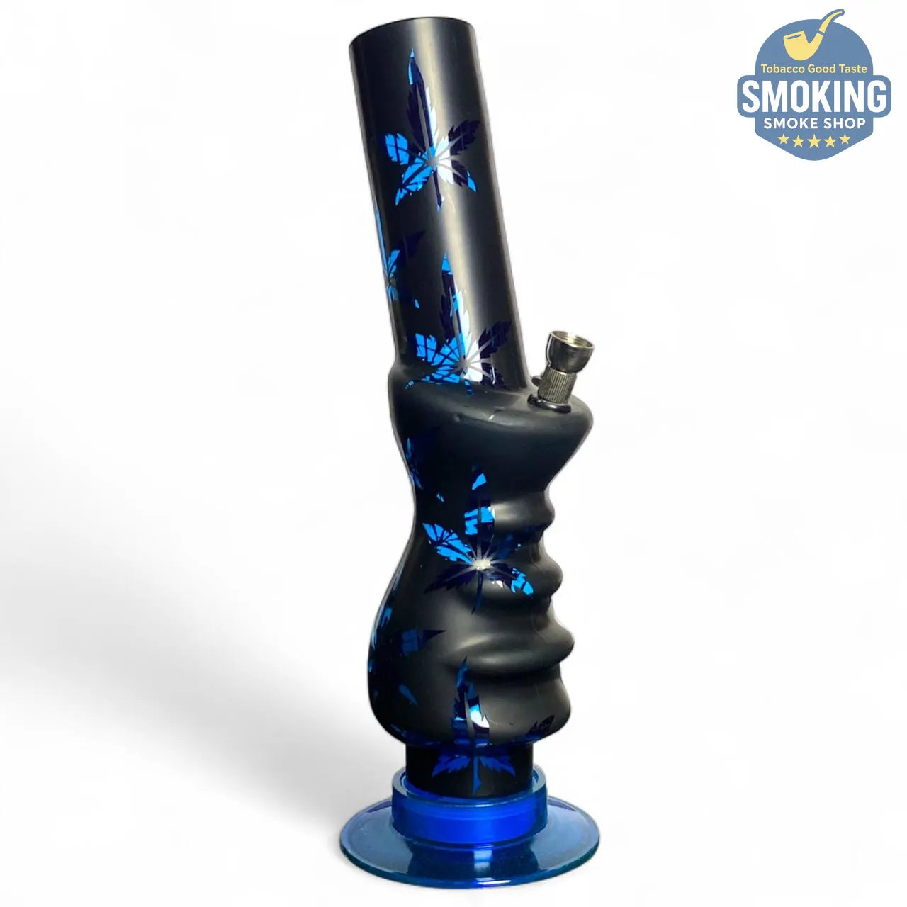 بونج أكريليك 30 سم قبضة مريحة – نقش أزرق/أسود (Hand-Grip Acrylic Water Pipe) 🔵🖤