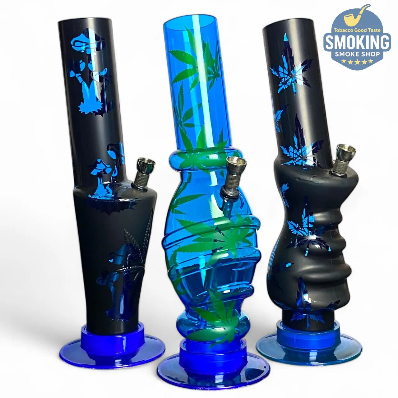 بونج أكريليك 30 سم قبضة مريحة – نقش أزرق/أسود (Hand-Grip Acrylic Water Pipe) 🔵🖤