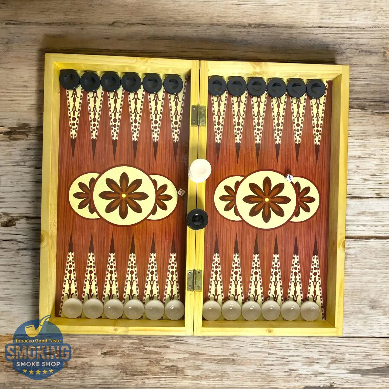 Backgammon طاولة زهر خشب مزخرف (وجهين) — مع قشاط ونرد