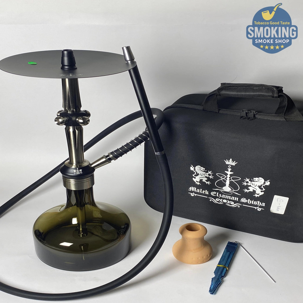 Malek Elzaman black glass 50 CM shisha with pack -  ملك الزمان شيشة زجاج اسود 50 سم مع شنطة
