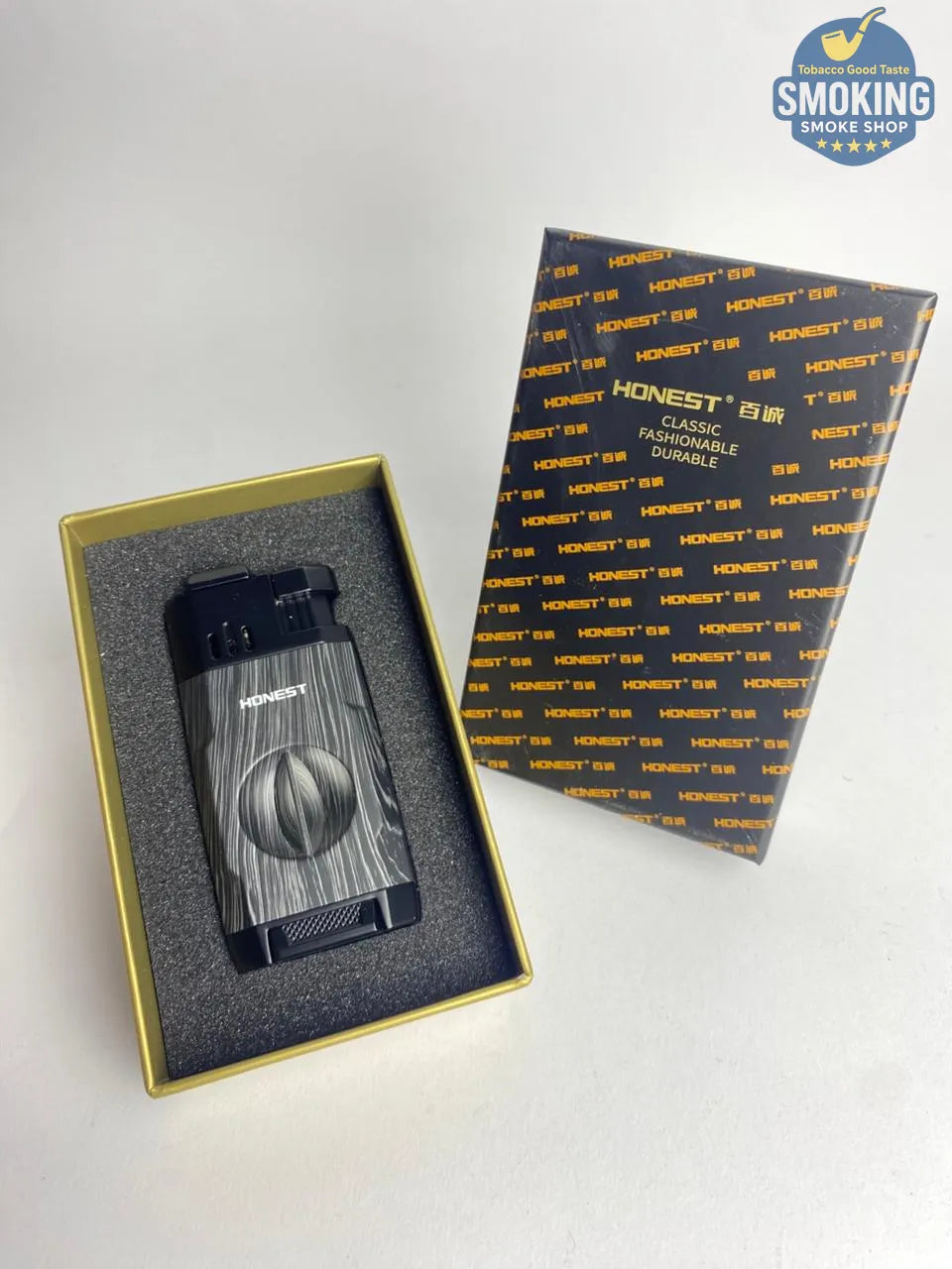 Dual Torch Cigar Lighter with Built-in Cigar Cutter & Rest — ولاّعة سيجار ثنائية الشعلة بقاطع سيجار ومسند مدمجين (برونزي/خشبي/ اسود / رخامي )