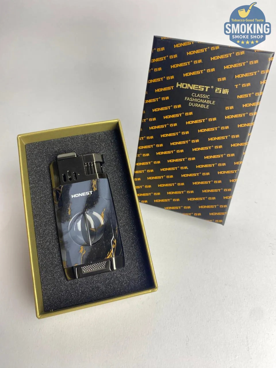 Dual Torch Cigar Lighter with Built-in Cigar Cutter & Rest — ولاّعة سيجار ثنائية الشعلة بقاطع سيجار ومسند مدمجين (برونزي/خشبي/ اسود / رخامي )