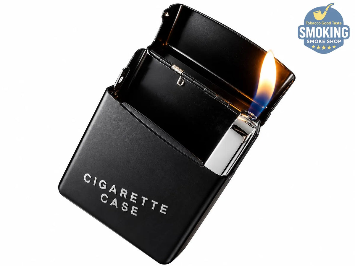 علبة سجائر معدنية مع ولاعة مدمجة — Cigarette Case with Built-in Lighter