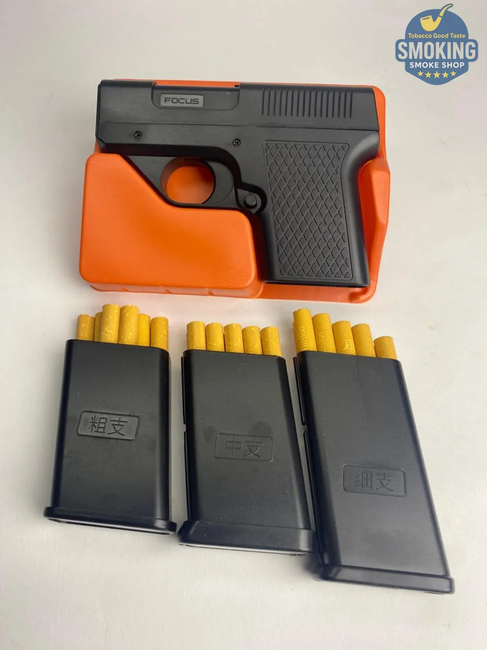 🔫 Gun-Style Cigarette Case with Laser Lighter — علبة سجائر مكتبية على شكل مسدس بولاعة ليزر مدمجة