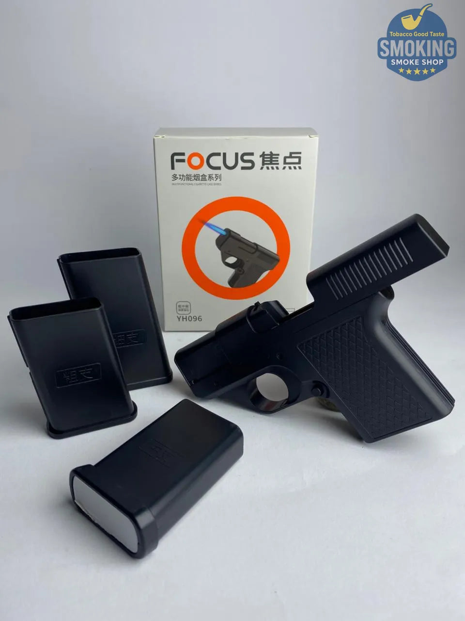 🔫 Gun-Style Cigarette Case with Laser Lighter — علبة سجائر مكتبية على شكل مسدس بولاعة ليزر مدمجة