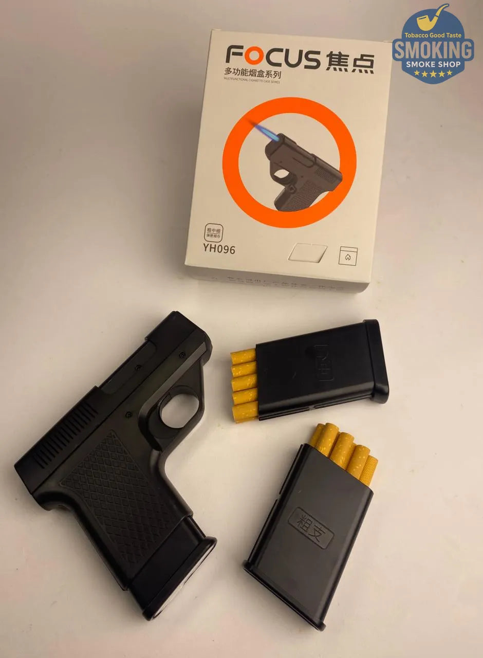 🔫 Gun-Style Cigarette Case with Laser Lighter — علبة سجائر مكتبية على شكل مسدس بولاعة ليزر مدمجة