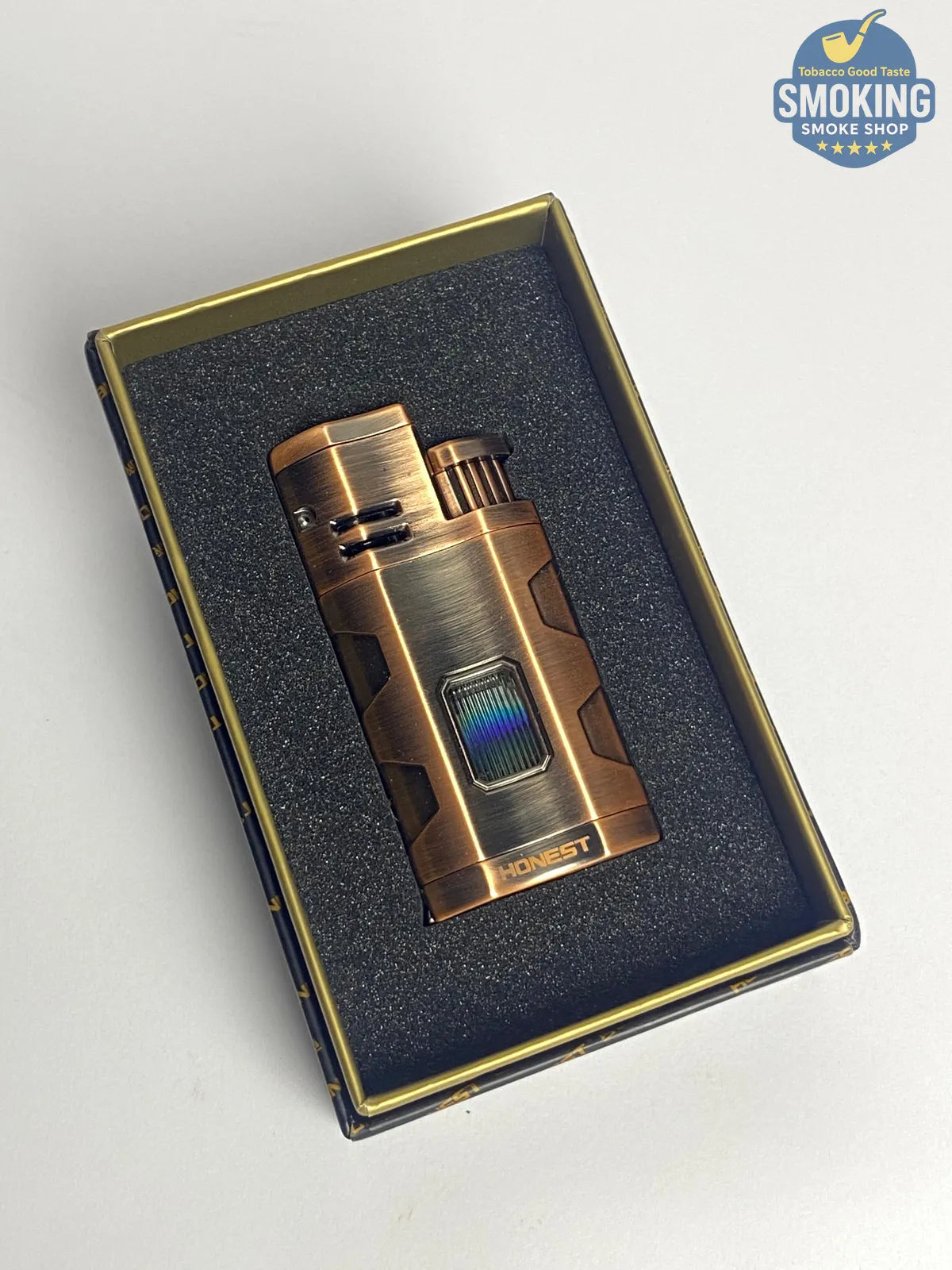 HONEST Triple-Jet Torch Lighter with Built-in Cigar Punch – Antique Copper | ولاعة HONEST تريبل فلام مع سن بانش مدمج – لون نحاسي عتيق