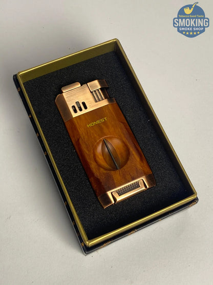 Dual Torch Cigar Lighter with Built-in Cigar Cutter & Rest — ولاّعة سيجار ثنائية الشعلة بقاطع سيجار ومسند مدمجين (برونزي/خشبي)
