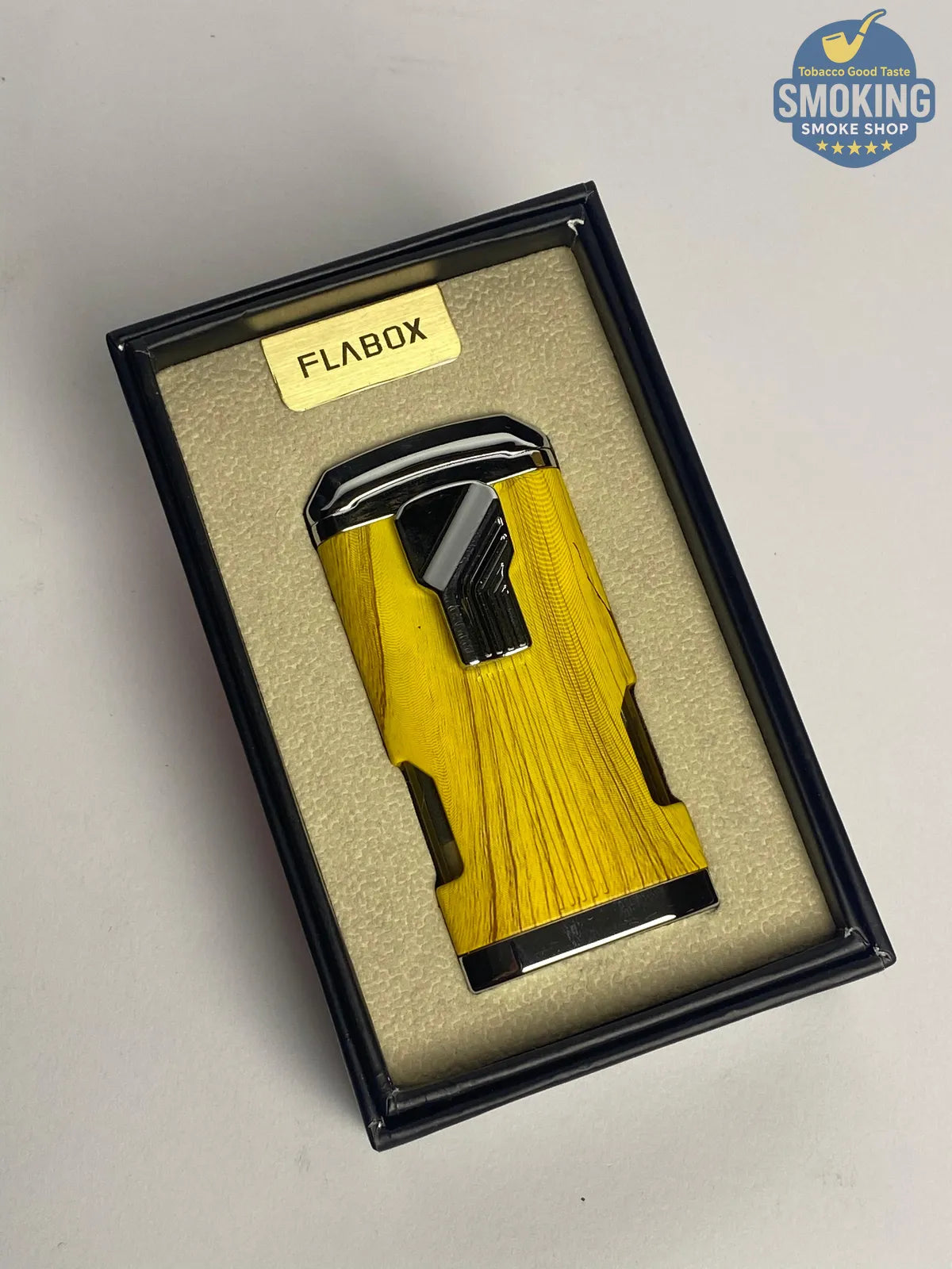 FLABOX Triple-Jet Cigar Lighter w/ Built-in Punch – Yellow Wood Grain | ولاعة سيجار فلابوكس ثلاثية الشعلة مع مثقاب مدمج – نقشة خشب أصفر