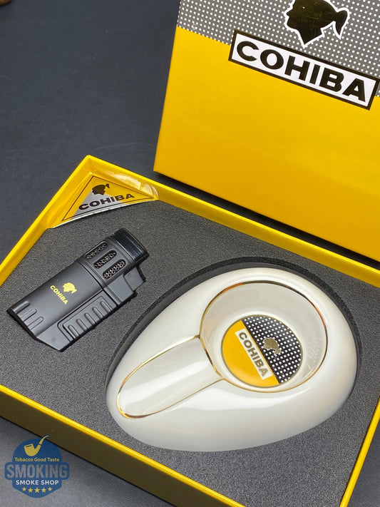 طقم سيجار كوهيبا: طفاية سيراميك + ولاعة تورش | COHIBA Cigar Gift Set: Ceramic Ashtray + Torch Lighter