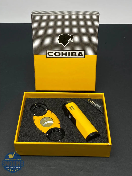 طقم سيجار كوهيبا (ولاعة تورش ثلاثية + مقص جيليوتين) Cohiba Cigar Gift Set (Triple-Jet Torch Lighter + Guillotine Cutter)