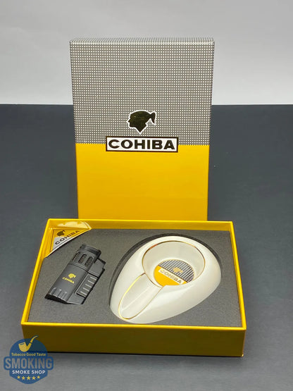 طقم سيجار كوهيبا: طفاية سيراميك + ولاعة تورش | COHIBA Cigar Gift Set: Ceramic Ashtray + Torch Lighter