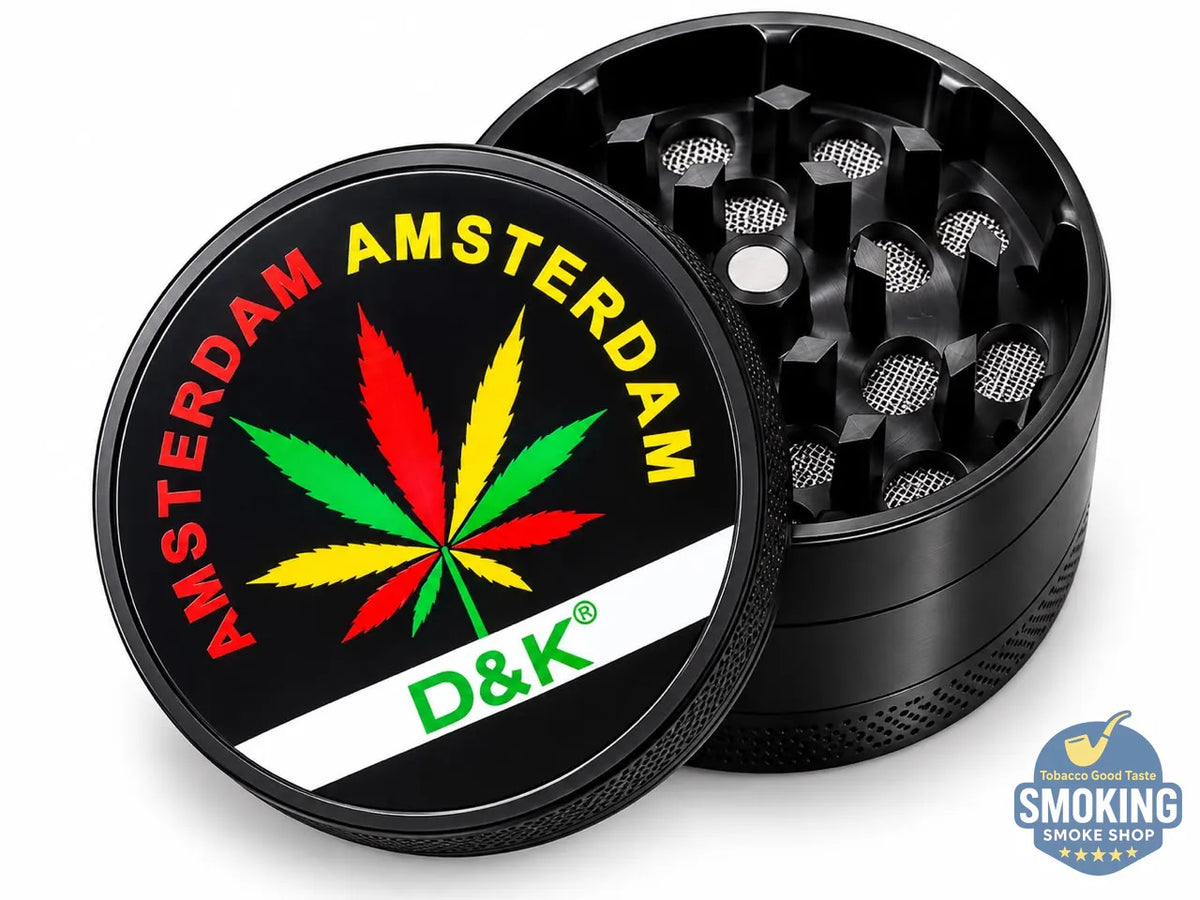 D&K Amsterdam Tobacco Grinder —  مطحنة تبغ أمستردام معدن سيلفر واسود وملون