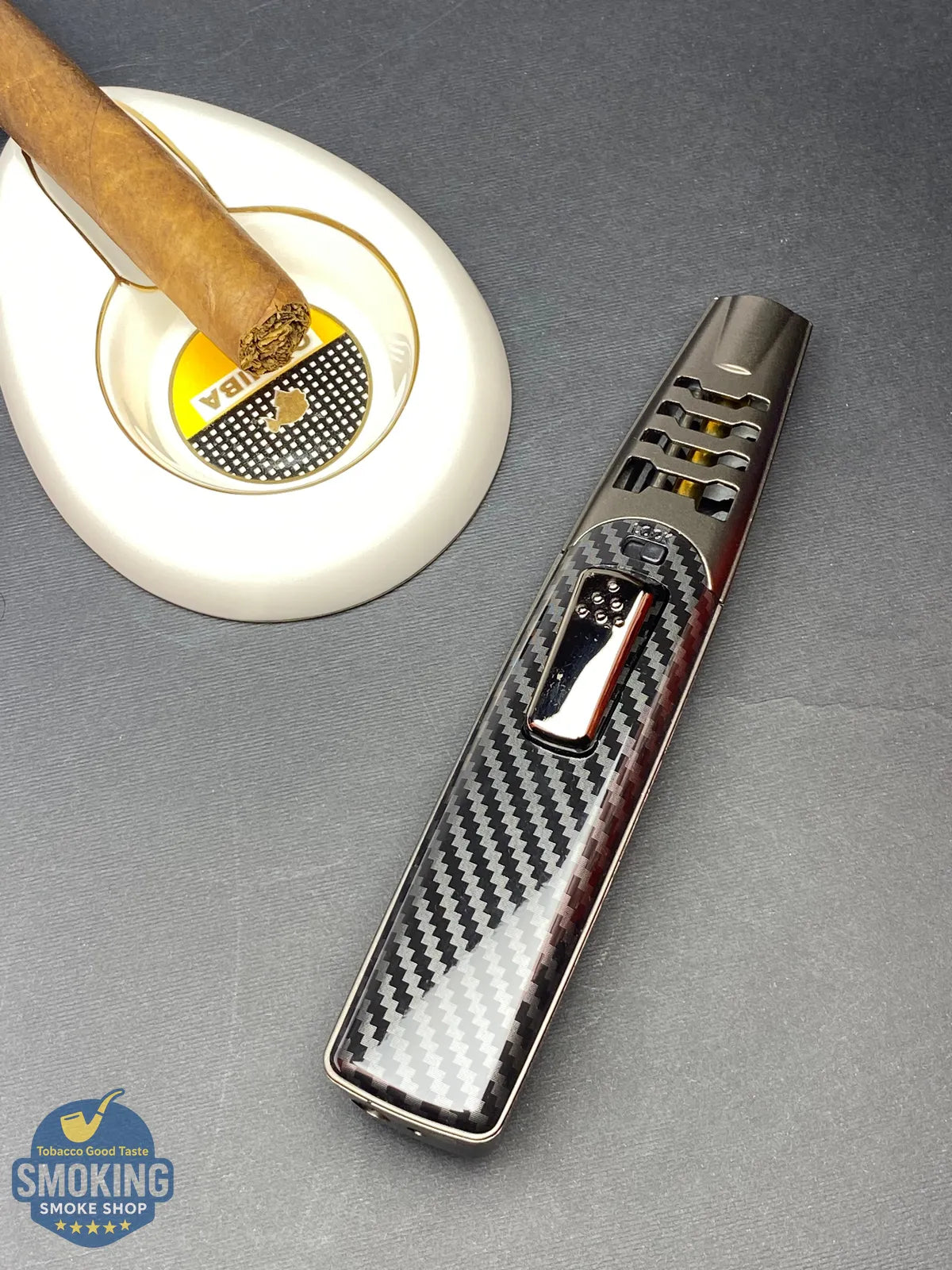 ولاعة توربو للسيجار – تصميم كربون/خشبي (Smoking Set)