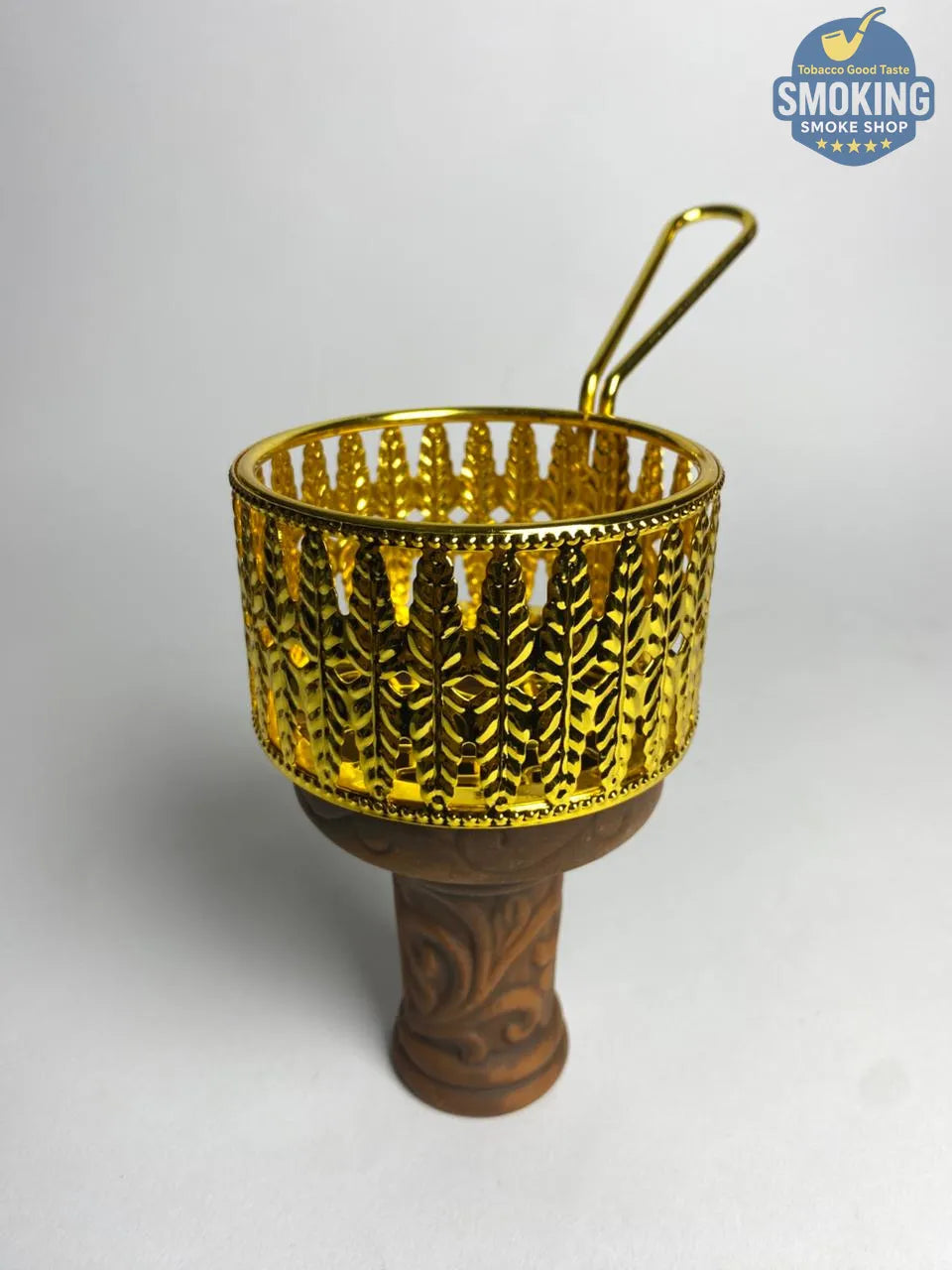 Charcoal Screen with wood Handle -  مصفاة/شبكة رأس شيشة – معدن بيد خشب تصميم تاجي مُدهب