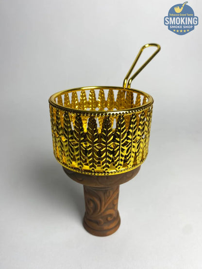 Charcoal Screen with wood Handle -  مصفاة/شبكة رأس شيشة – معدن بيد خشب تصميم تاجي مُدهب