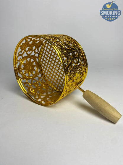 Charcoal Screen with wood Handle -  مصفاة/شبكة رأس شيشة – معدن بيد خشب تصميم تاجي مُدهب