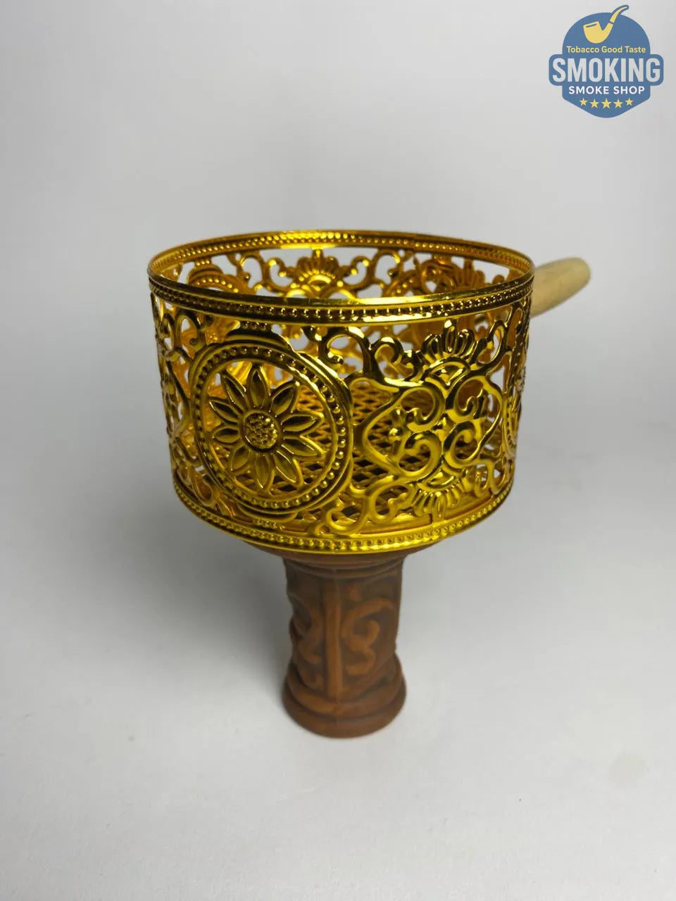 Charcoal Screen with wood Handle -  مصفاة/شبكة رأس شيشة – معدن بيد خشب تصميم تاجي مُدهب