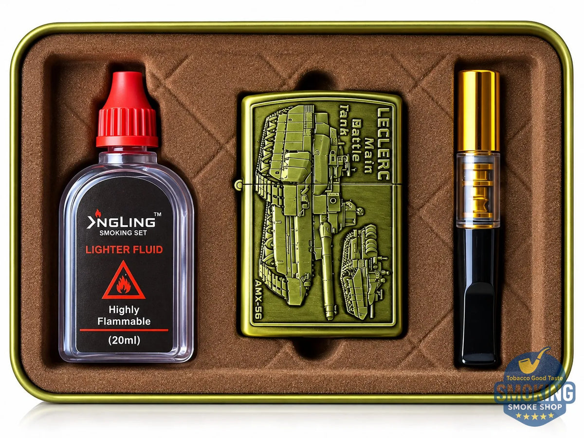 Vintage Style Petrol Lighter Gift Set — طقم ولاعة بنزين كلاسيكية مع مبسم سجائر 8 مم وعبوة تعبئة