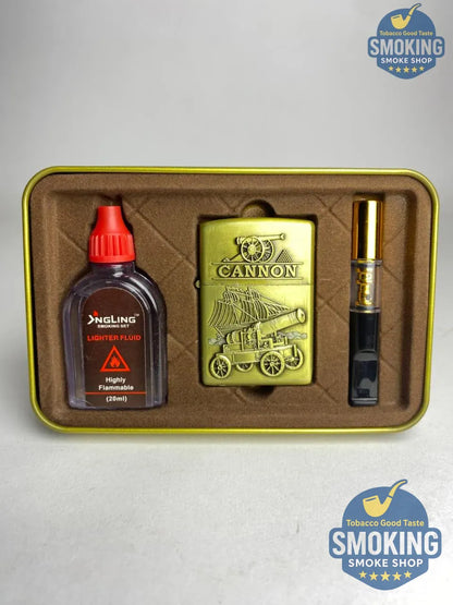 Vintage Style Petrol Lighter Gift Set — طقم ولاعة بنزين كلاسيكية مع مبسم سجائر 8 مم وعبوة تعبئة