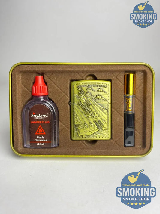 Vintage Style Petrol Lighter Gift Set — طقم ولاعة بنزين كلاسيكية مع مبسم سجائر 8 مم وعبوة تعبئة