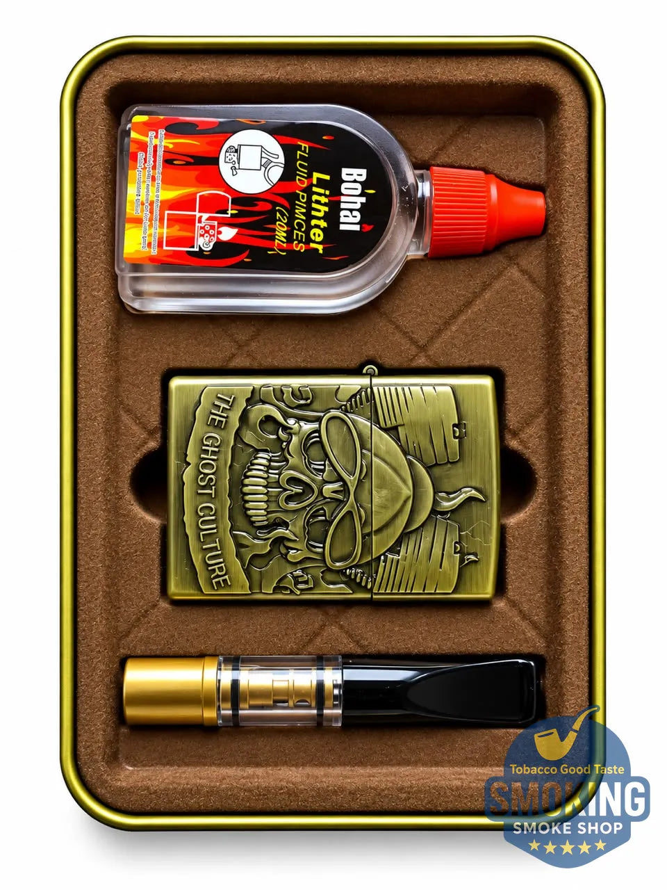 Vintage Style Petrol Lighter Gift Set — طقم ولاعة بنزين كلاسيكية مع مبسم سجائر 8 مم وعبوة تعبئة