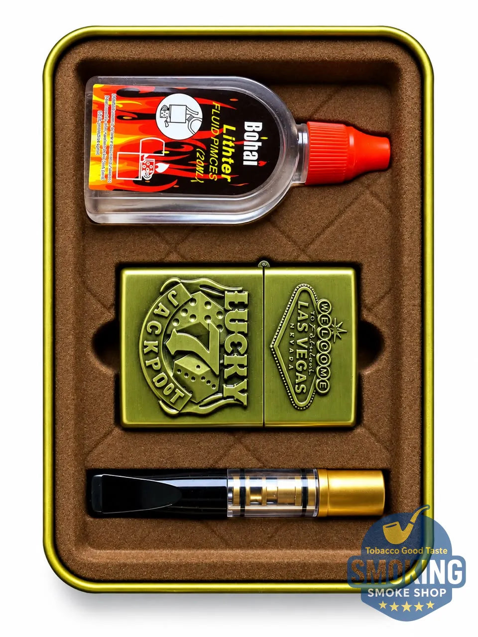 Vintage Style Petrol Lighter Gift Set — طقم ولاعة بنزين كلاسيكية مع مبسم سجائر 8 مم وعبوة تعبئة