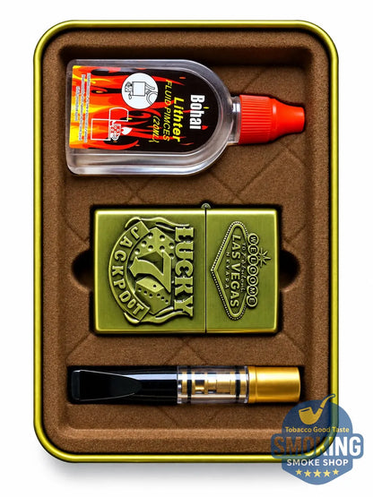 Vintage Style Petrol Lighter Gift Set — طقم ولاعة بنزين كلاسيكية مع مبسم سجائر 8 مم وعبوة تعبئة
