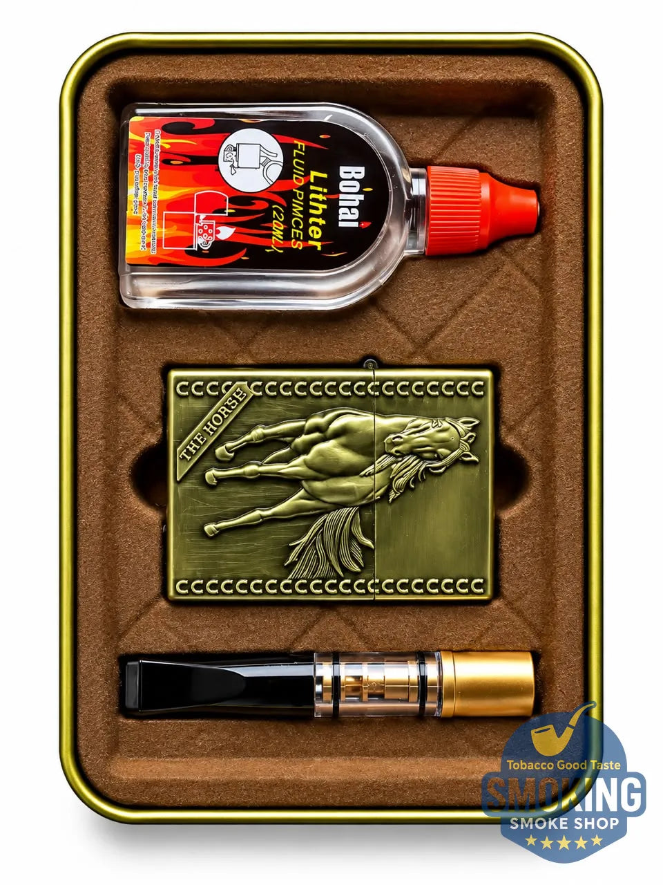 Vintage Style Petrol Lighter Gift Set — طقم ولاعة بنزين كلاسيكية مع مبسم سجائر 8 مم وعبوة تعبئة