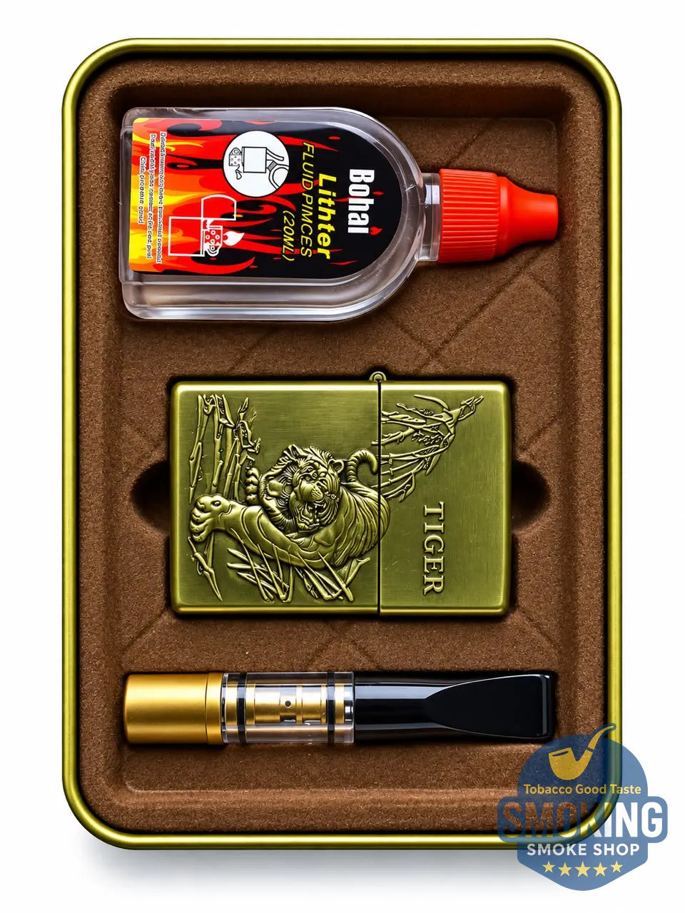 Vintage Style Petrol Lighter Gift Set — طقم ولاعة بنزين كلاسيكية مع مبسم سجائر 8 مم وعبوة تعبئة