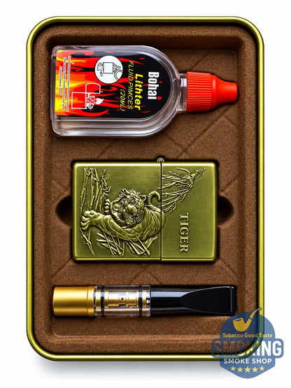 Vintage Style Petrol Lighter Gift Set — طقم ولاعة بنزين كلاسيكية مع مبسم سجائر 8 مم وعبوة تعبئة