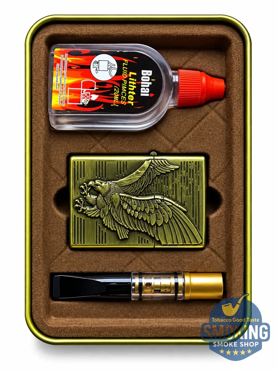 Vintage Style Petrol Lighter Gift Set — طقم ولاعة بنزين كلاسيكية مع مبسم سجائر 8 مم وعبوة تعبئة