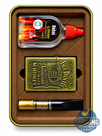 Vintage Style Petrol Lighter Gift Set — طقم ولاعة بنزين كلاسيكية مع مبسم سجائر 8 مم وعبوة تعبئة