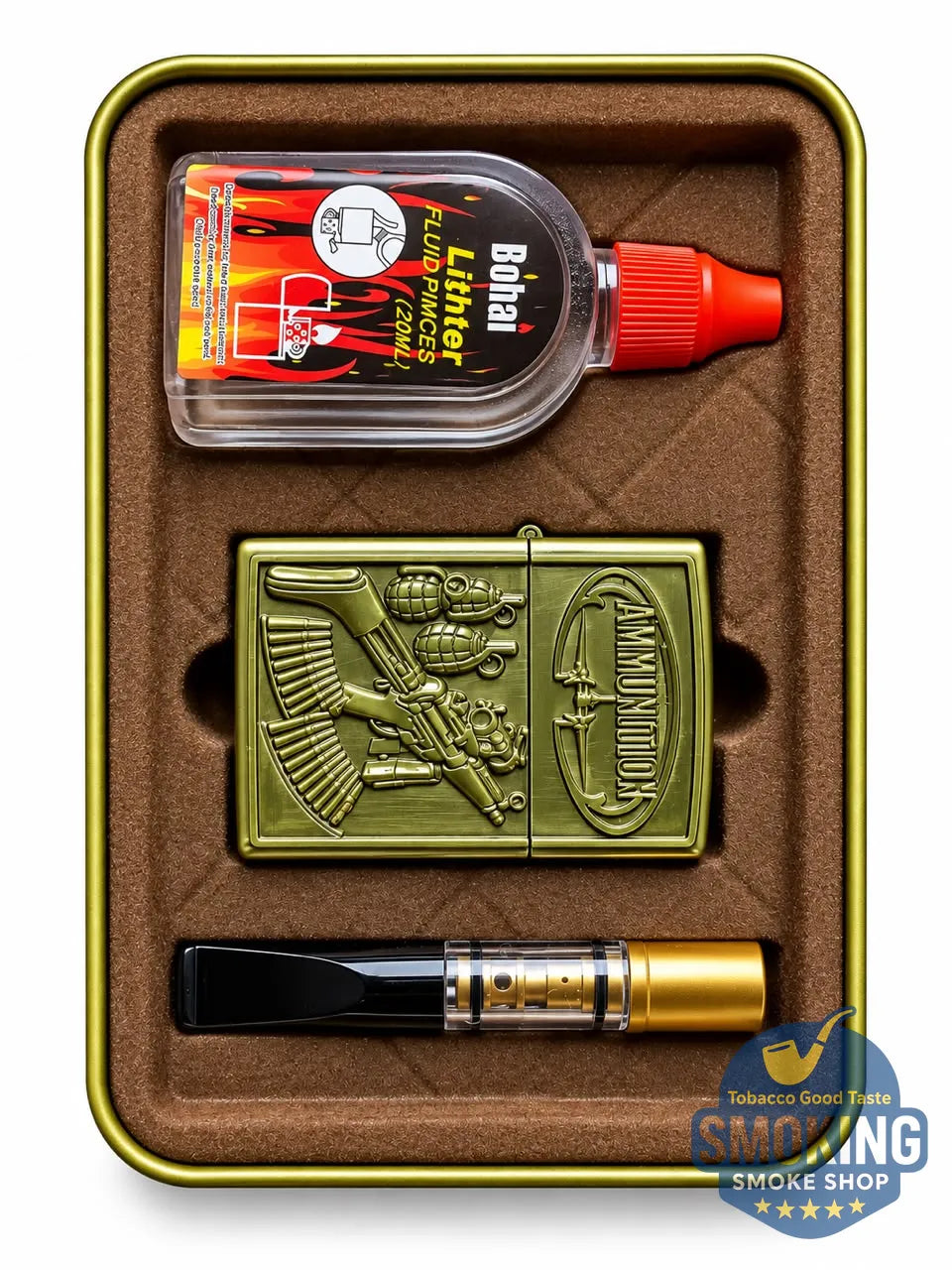Vintage Style Petrol Lighter Gift Set — طقم ولاعة بنزين كلاسيكية مع مبسم سجائر 8 مم وعبوة تعبئة