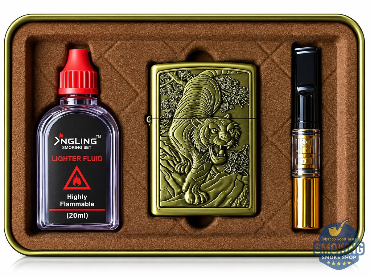 Vintage Style Petrol Lighter Gift Set — طقم ولاعة بنزين كلاسيكية مع مبسم سجائر 8 مم وعبوة تعبئة