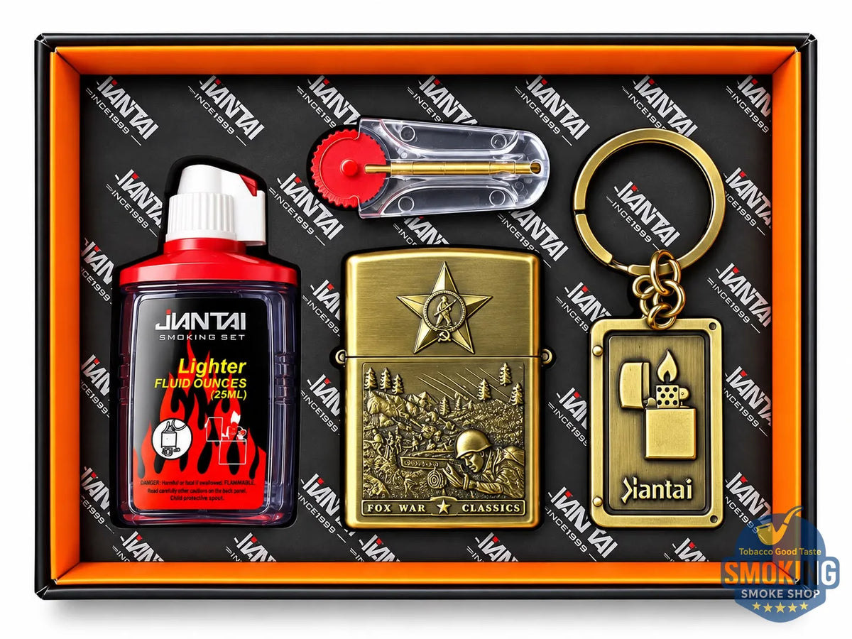 Zippo Shape Lighter Set —  طقم ولاعة بنزين مع عبوة مليء وميدالية مفاتيح اشكال متعددة وكارت حجر اشعال