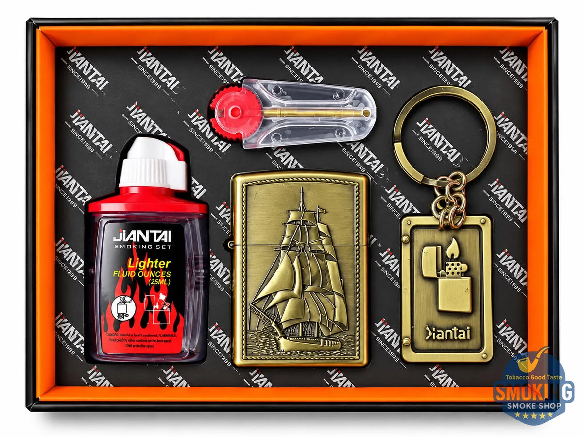 Zippo Shape Lighter Set —  طقم ولاعة بنزين مع عبوة مليء وميدالية مفاتيح اشكال متعددة وكارت حجر اشعال