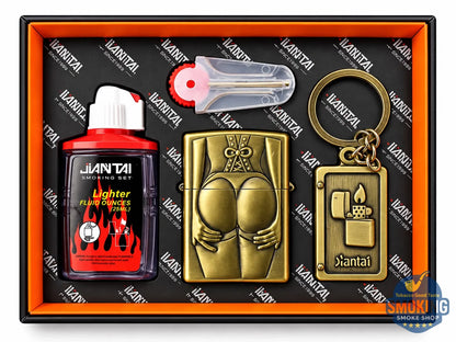 Zippo Shape Lighter Set —  طقم ولاعة بنزين مع عبوة مليء وميدالية مفاتيح اشكال متعددة وكارت حجر اشعال