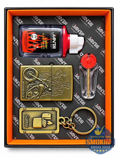 Zippo Shape Lighter Set —  طقم ولاعة بنزين مع عبوة مليء وميدالية مفاتيح اشكال متعددة وكارت حجر اشعال