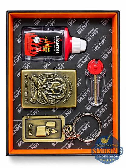 Zippo Shape Lighter Set —  طقم ولاعة بنزين مع عبوة مليء وميدالية مفاتيح اشكال متعددة وكارت حجر اشعال
