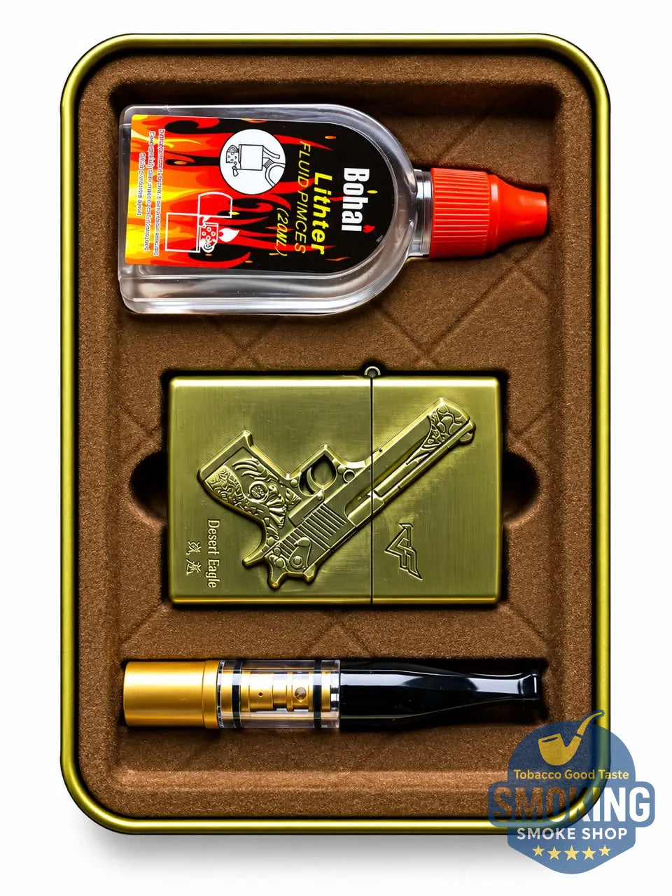 Vintage Style Petrol Lighter Gift Set — طقم ولاعة بنزين كلاسيكية مع مبسم سجائر 8 مم وعبوة تعبئة